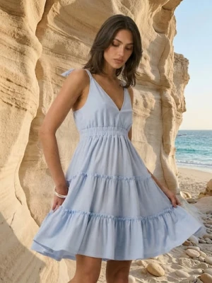 Sinsay - Sukienka mini z efektem stopniowania i wiskozą - błękitny