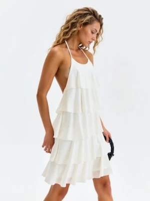 Sinsay - Sukienka mini z falbanami i dekoltem halter - kremowy