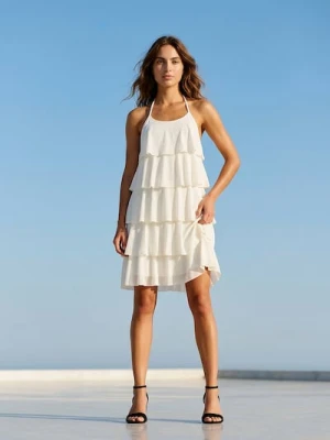 Sinsay - Sukienka mini z falbanami i dekoltem halter - kremowy