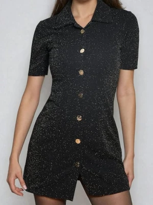 Sinsay - Sukienka mini z kołnierzykiem i brokatem - czarny