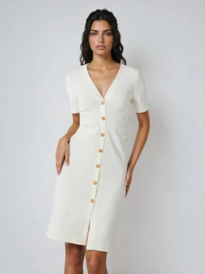 Sinsay - Sukienka mini z marszczeniem w talii i dekoracyjnymi guzikami - kremowy