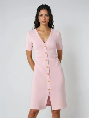 Sinsay - Sukienka mini z marszczeniem w talii i dekoracyjnymi guzikami - różowy