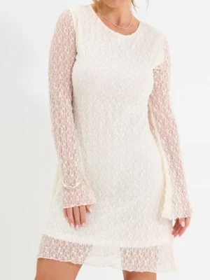 Sinsay - Sukienka mini z transparentnymi rękawami - kremowy