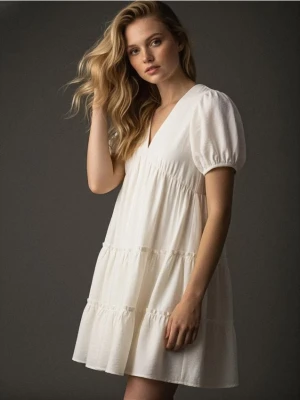 Sinsay - Sukienka mini z wiskozą z domieszką lnu - biały