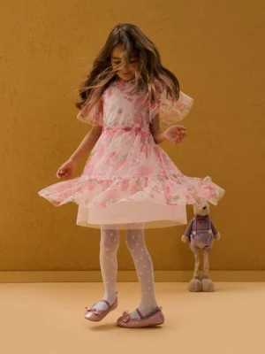 Sinsay - Sukienka tiulowa w kwiatowy wzór z brokatem i falbanami - różowy