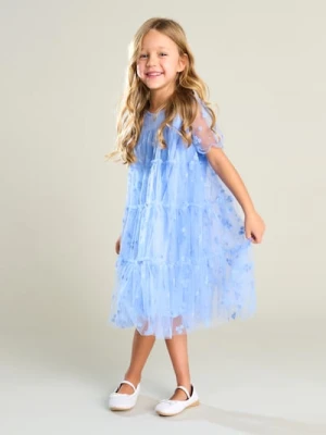 Sinsay - Sukienka tiulowa z aksamitnym kwiatowym nadrukiem - niebieski