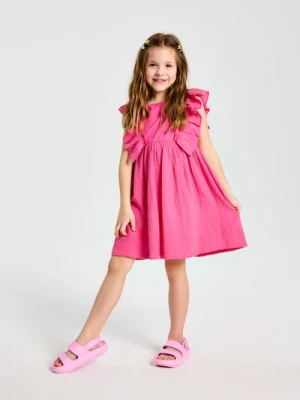 Sinsay - Sukienka z muślinowej bawełny z ozdobnymi falbanami - różowy