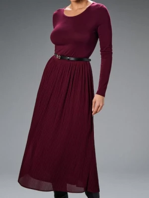 Sinsay - Sukienka z plisowanym dołem i paskiem - bordowy
