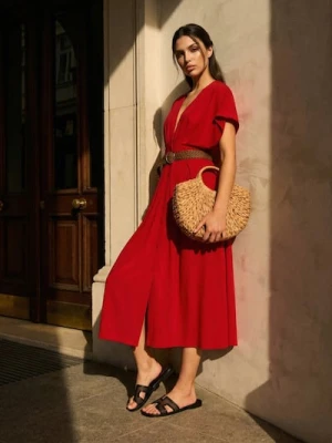 Sinsay - Sukienka z rękawem kimono i zakładkami - czerwony