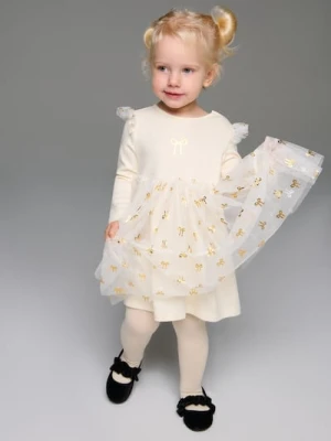 Sinsay - Sukienka z tiulem i brokatowym nadrukiem - kremowy