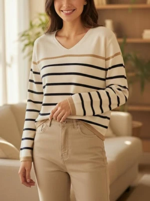 Sinsay - Sweter w paski z dekoltem V - biały