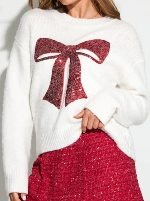 Sinsay - Sweter z cekinową aplikacją w kształcie kokardy i domieszką wełny - kremowy
