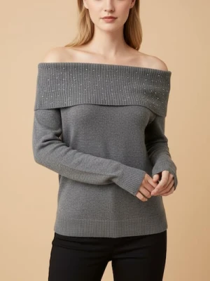 Sinsay - Sweter z dżetami i dekoltem typu łódka z domieszką wełny - szary