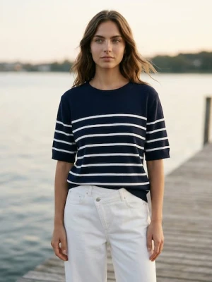 Sinsay - Sweter z krótkim rękawem w paski - granatowy