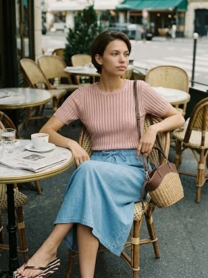 Sinsay - Swetrowa ażurowa bluzka z krótkim rękawem - złoty