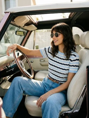 Sinsay - Swetrowa bluzka z krótkim rękawem - granatowy