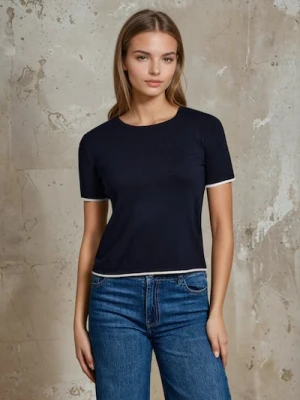 Sinsay - Swetrowa bluzka z krótkim rękawem i kontrastową lamówką z wiskozą - granatowy