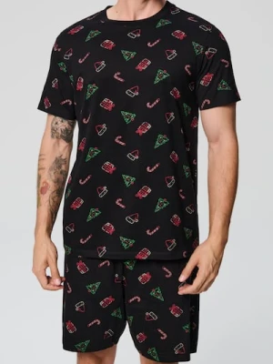 Sinsay - Świąteczna piżama dwuczęściowa z nadrukiem choinek i prezentów - czarny