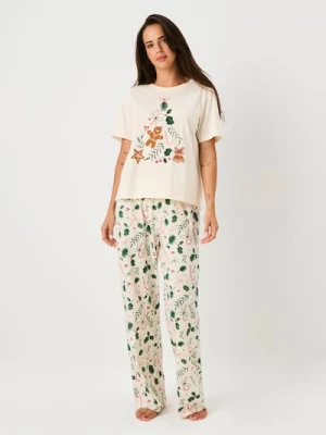 Sinsay - Świąteczna piżama dwuczęściowa z nadrukiem gałązek i piernikowego ludzika - kremowy