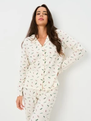 Sinsay - Świąteczna piżama dwuczęściowa z wzorem ostrokrzewu - kremowy