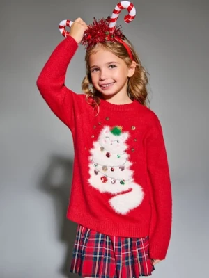 Sinsay - Świąteczny sweter z kotem ozdobionym cekinami - czerwony