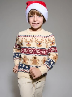 Sinsay - Świąteczny sweter z motywem reniferów i pierniczków - kremowy