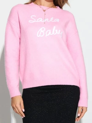 Sinsay - Świąteczny sweter z napisem "Santa Baby" z domieszką wełny - różowy