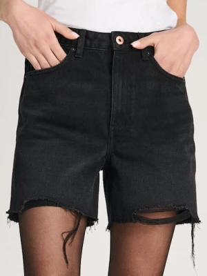 Sinsay - Szorty bermudy jeansowe z przetarciami - czarny