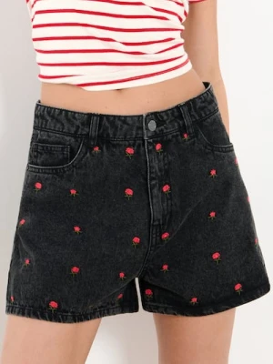 Zdjęcie produktu Sinsay - Szorty jeansowe high waist z haftowanymi różyczkami - czarny