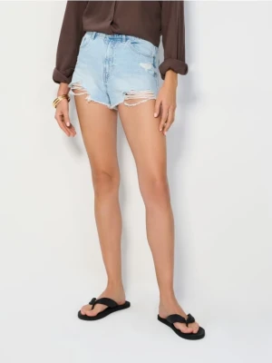Sinsay - Szorty jeansowe high waist z przetarciami - niebieski