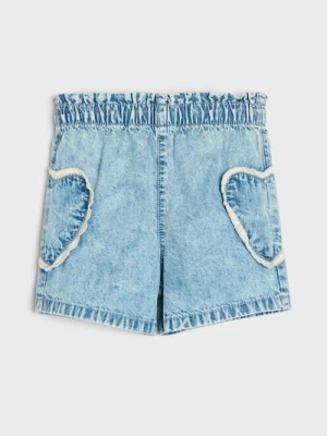 Sinsay - Szorty jeansowe paperbag z koronkową aplikacją w kształcie serc - niebieski