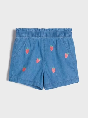 Sinsay - Szorty jeansowe paperbag z owocowym haftem - niebieski