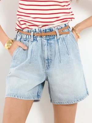 Sinsay - Szorty jeansowe paperbag z paskiem - niebieski