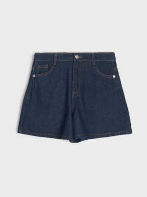 Sinsay - Szorty jeansowe z regulacją w pasie - indigo jeans