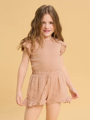 Sinsay - Szorty z muślinowej bawełny wykończone falbanami - beżowy