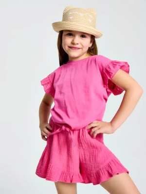 Sinsay - Szorty z muślinowej bawełny wykończone falbanami - różowy