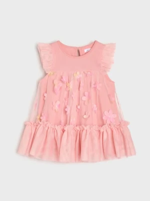Sinsay - Tiulowa sukienka babydoll z elementami 3D - różowy