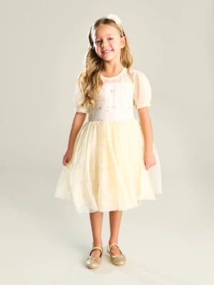 Sinsay - Tiulowa sukienka babydoll z haftowanym wzorem - beżowy