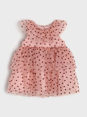 Sinsay - Tiulowa sukienka babydoll ze wzorem - różowy