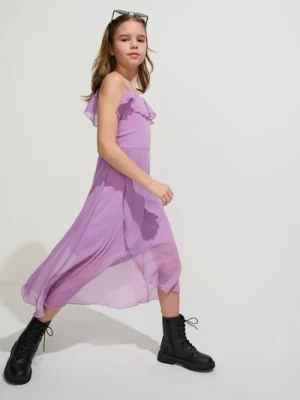 Sinsay - Tiulowa sukienka hiszpanka z falbankami - fioletowy