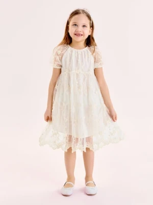 Sinsay - Tiulowa sukienka z haftem kwiatowym - kremowy