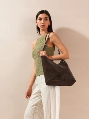 Sinsay - Torba hobo z imitacji skóry z ozdobnymi ćwiekami i kosmetyczką - brązowy