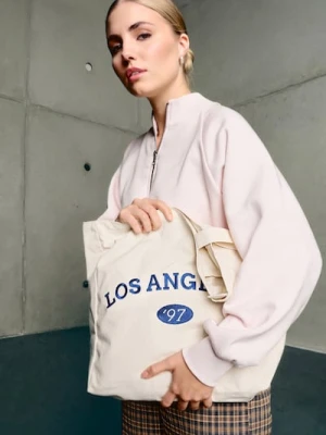 Sinsay - Torba materiałowa z haftowanym napisem - kremowy