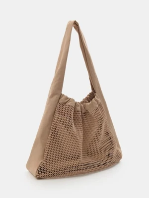 Sinsay - Torba shopper mesh ze ściągaczem - beżowy