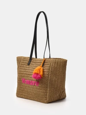 Sinsay - Torebka pleciona shopper z napisem - kremowy