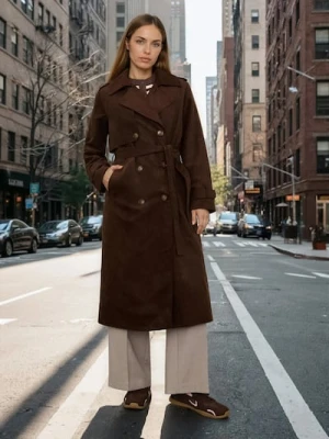 Sinsay - Trencz z imitacji zamszu z paskiem - brązowy