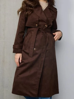 Sinsay - Trencz z imitacji zamszu z paskiem - brązowy