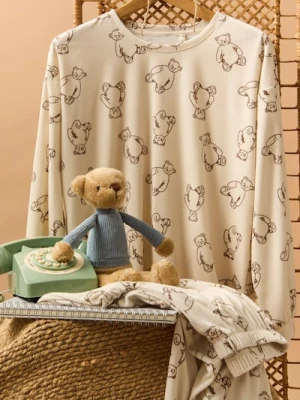 Sinsay - Welurowa piżama dwuczęściowa ze wzorem w misie - kremowy