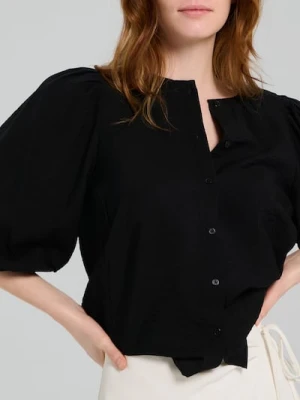 Sinsay - Bluzka koszulowa z bufiastymi rękawami i wiskozą - czarny