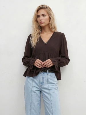 Sinsay - Wiskozowa bluzka twill z koronkowym wykończeniem - brązowy